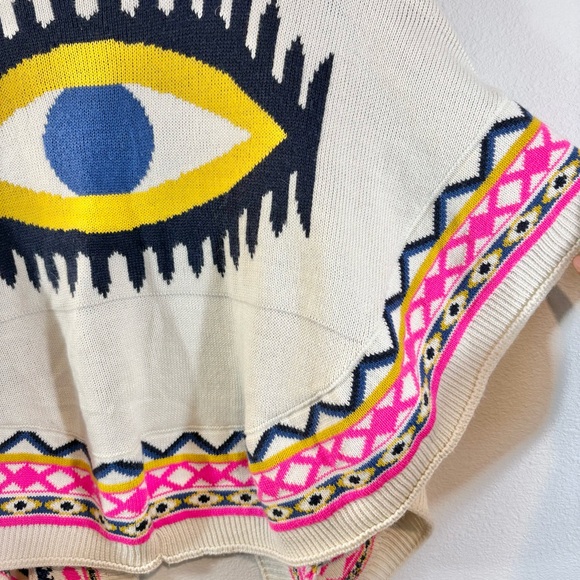 Evil Eye Poncho One Size Cream Pink Multicolor Boho Sweater Knit Wrap Shawl - Picture 9 of 13